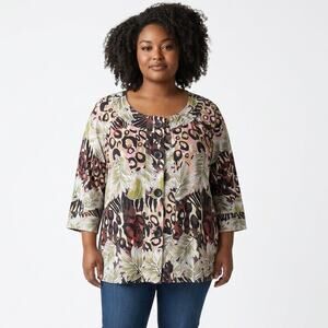 CJ Banks Cotton Floral Animal Print Jacket 3/4 Sleeve Large Snap Closure 3X NWOT